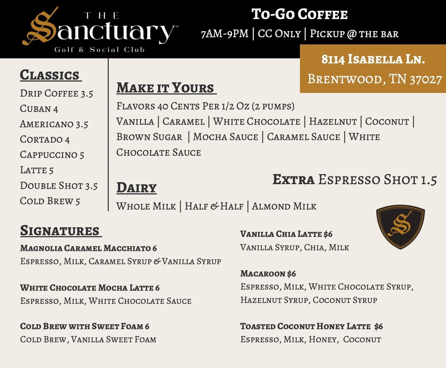 The Sanctuary To-Go Coffee menu